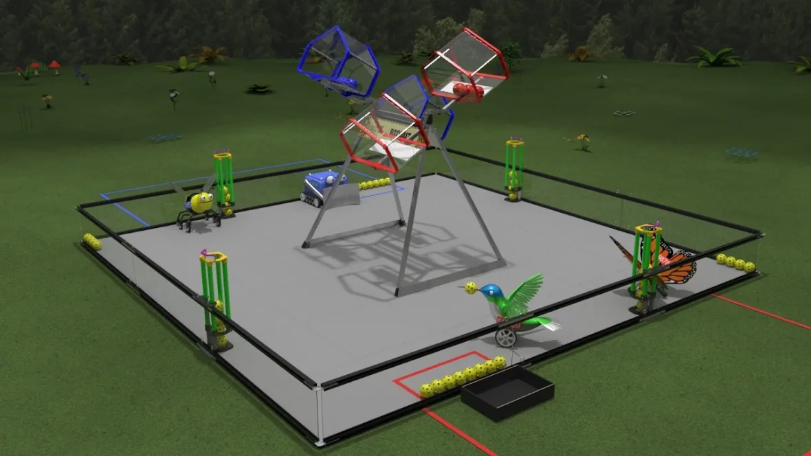 The BIOBUZZ playing field: a square of grey foam tile ringed by a black perimeter wall, with the two-armed Hive structure holding red and blue cells in the centre, four green Flower posts on the walls, and yellow Pollen scattered around the edges.